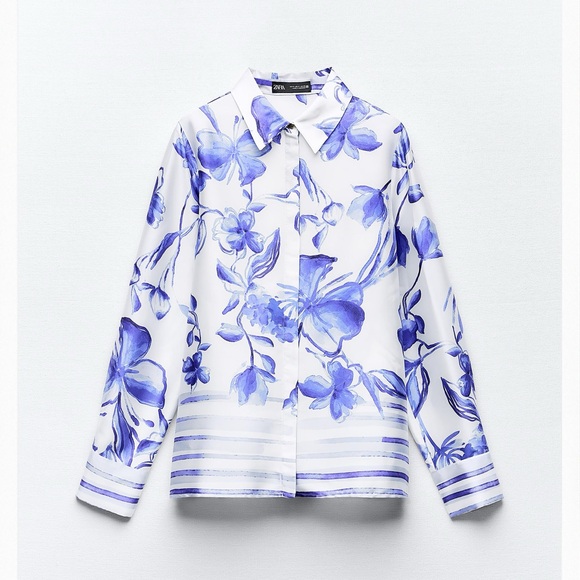 Zara - Floral Blue And White Lightweight Long Sleeve Button Down Blouse Size XS - Picture 1 of 14